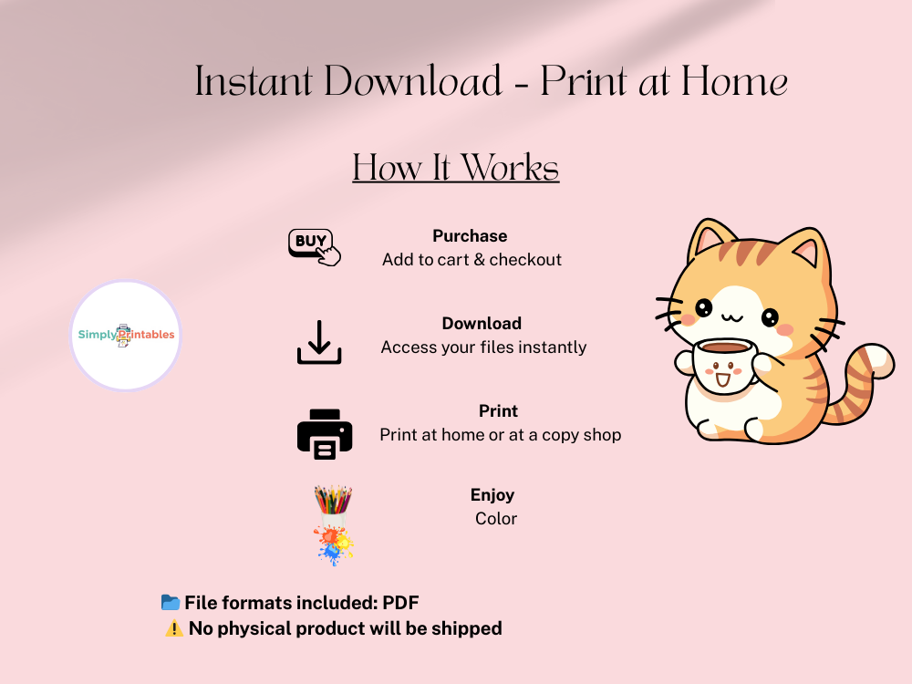 40 Pages Kawaii Cat Coloring Pages – Cute Printable Kitty & Kitten Coloring Book for Kids & Adults (8x11 in.)