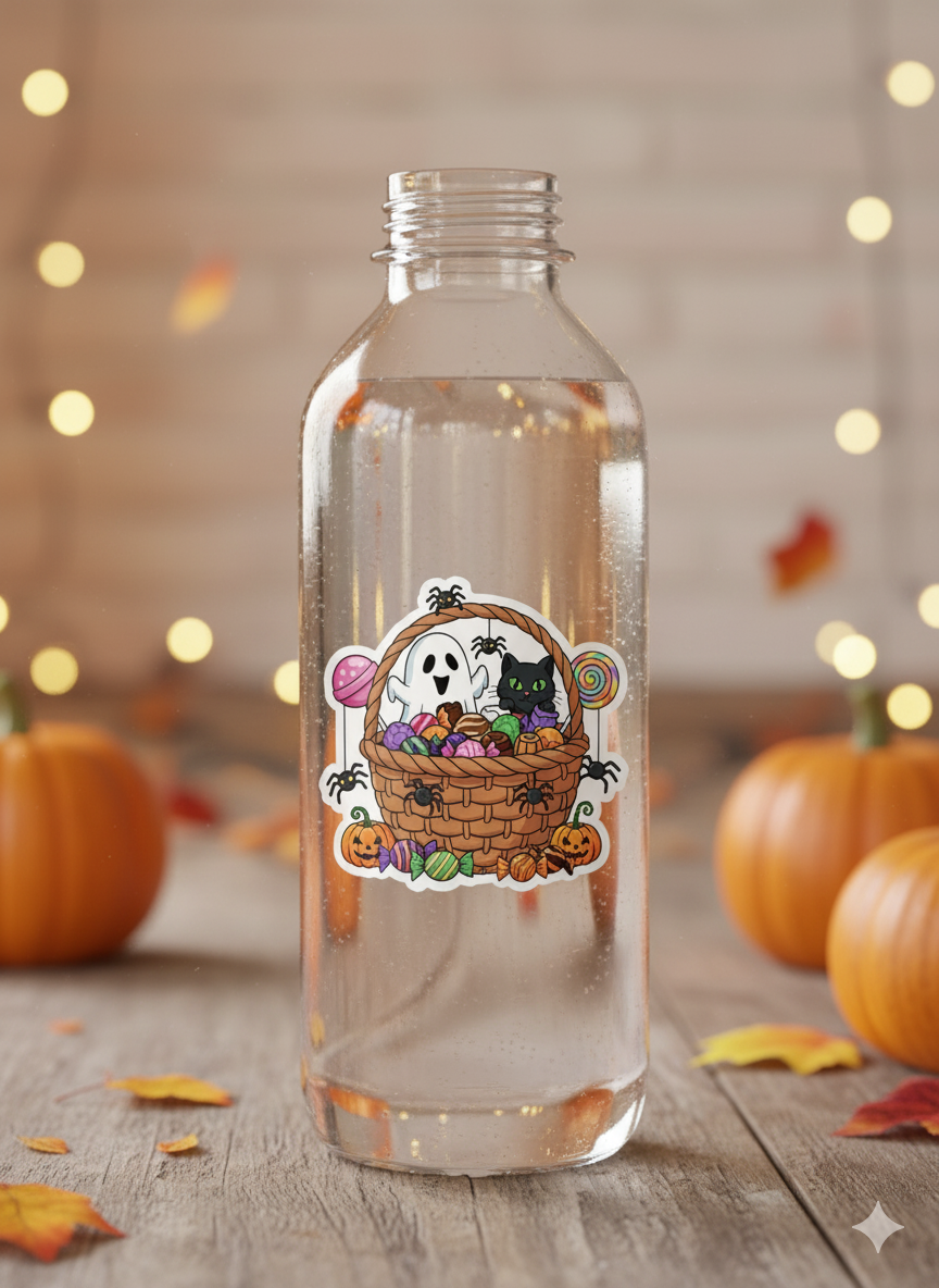 Halloween Treat Basket Sticker – Cute Ghost, Black Cat & Candy – 3x4 in