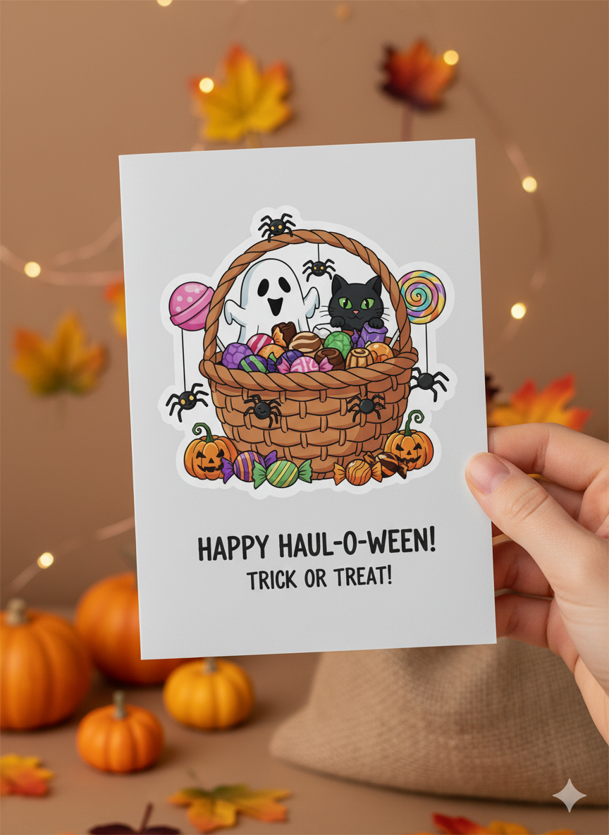 Halloween Treat Basket Sticker – Cute Ghost, Black Cat & Candy – 3x4 in