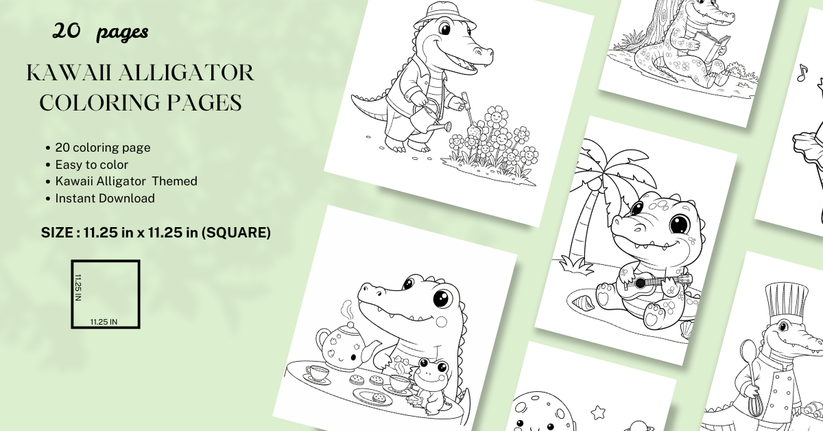 Kawaii Alligator Adventures: 20 Printable Coloring Pages for Kids