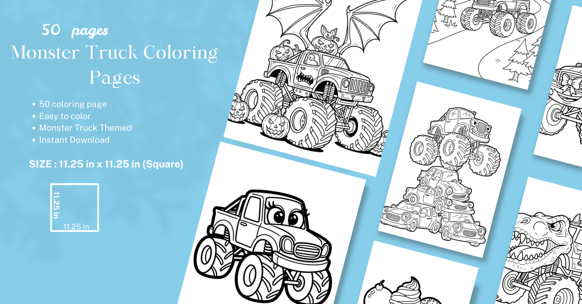 Monster Truck Coloring Book for Kids – Fun Big Wheels Coloring Pages with Bold Outlines (11.25 x 11.25 in, Printable )