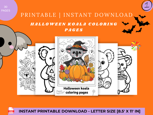 Halloween Koala Coloring Book for Kids – 30 Fun & Spooky Printable Pages (Volume 1, PDF, 8x11 inch)
