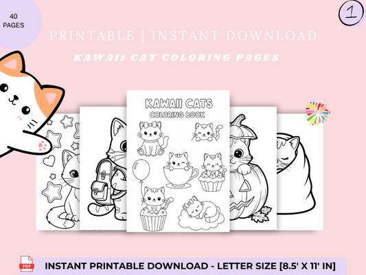 40 Pages Kawaii Cat Coloring Pages – Cute Printable Kitty & Kitten Coloring Book for Kids & Adults (8x11 in.)