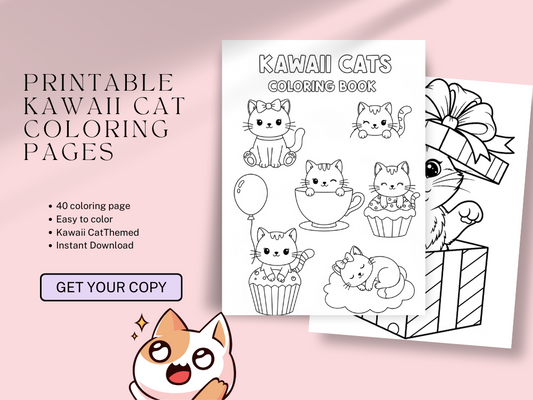 40 Pages Kawaii Cat Coloring Pages – Cute Printable Kitty & Kitten Coloring Book for Kids & Adults (8x11 in.)