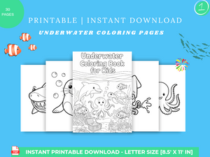 30 Underwater-Themed Coloring Pages for Kids – Printable Ocean & Sea Creatures Activity Sheets (8x11 in.)