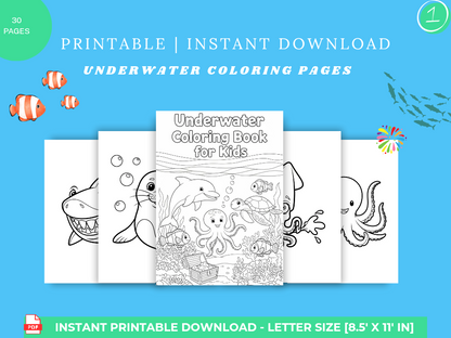30 Underwater-Themed Coloring Pages for Kids – Printable Ocean & Sea Creatures Activity Sheets (8x11 in.)