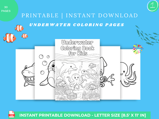 30 Underwater-Themed Coloring Pages for Kids – Printable Ocean & Sea Creatures Activity Sheets (8x11 in.)