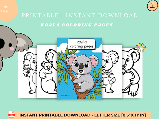 30-Page Kids Koala Coloring Book (Volume 1) – Printable PDF, 8x11 inch, Cute & Fun Koala Designs for Kids