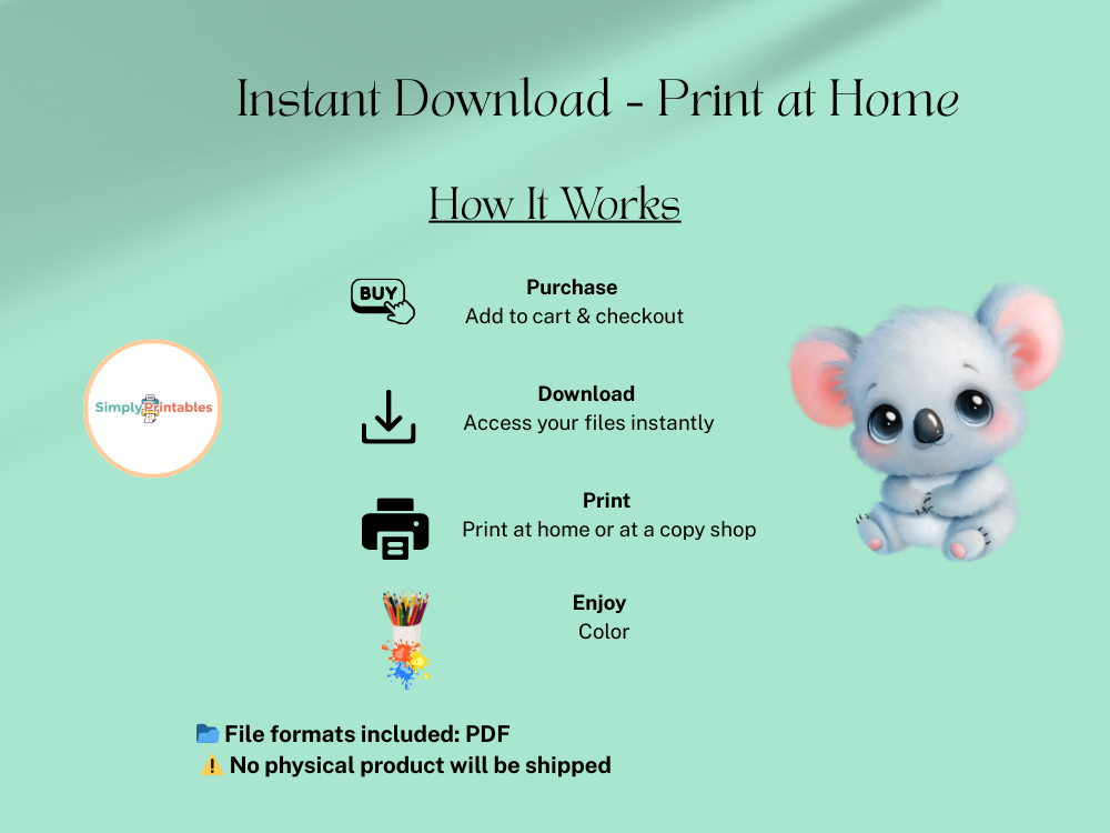 30-Page Kids Koala Coloring Book (Volume 1) – Printable PDF, 8x11 inch, Cute & Fun Koala Designs for Kids