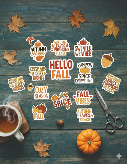 Hello Fall Sticker Sheet | Cozy Autumn Quotes & Pumpkin Spice Stickers | Printable 8.5x11" PNG