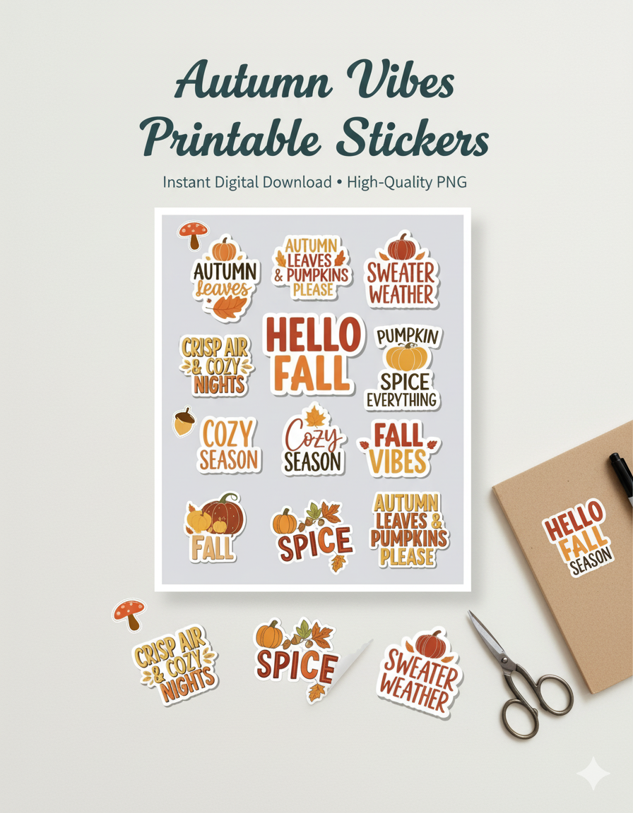 Hello Fall Sticker Sheet | Cozy Autumn Quotes & Pumpkin Spice Stickers | Printable 8.5x11" PNG