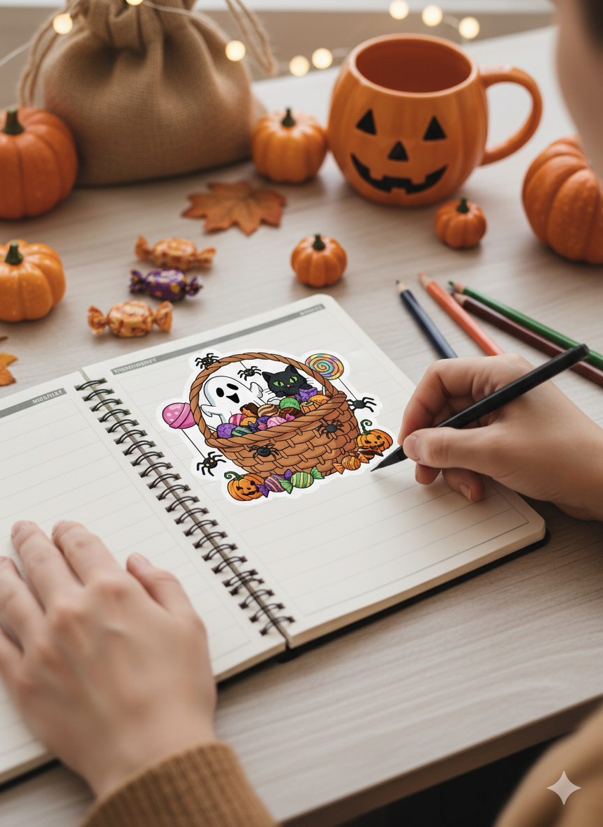 Halloween Treat Basket Sticker – Cute Ghost, Black Cat & Candy – 3x4 in