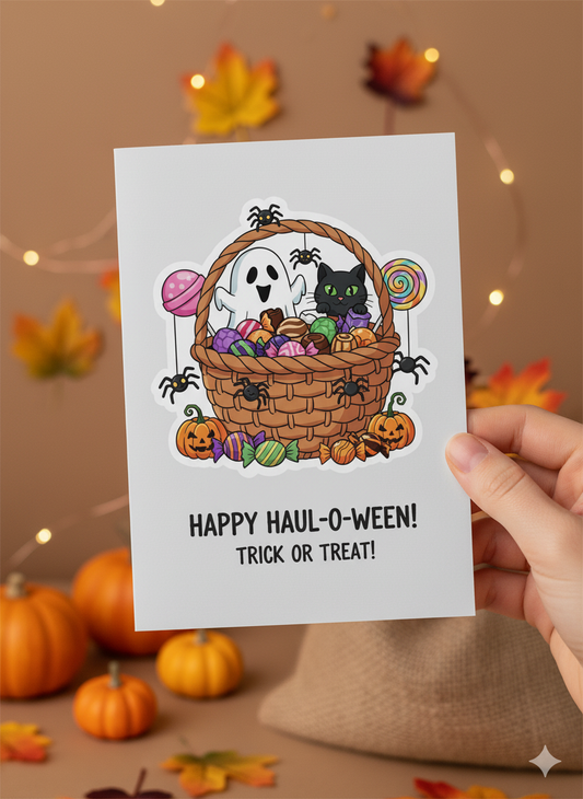 Halloween Treat Basket Sticker – Cute Ghost, Black Cat & Candy – 3x4 in