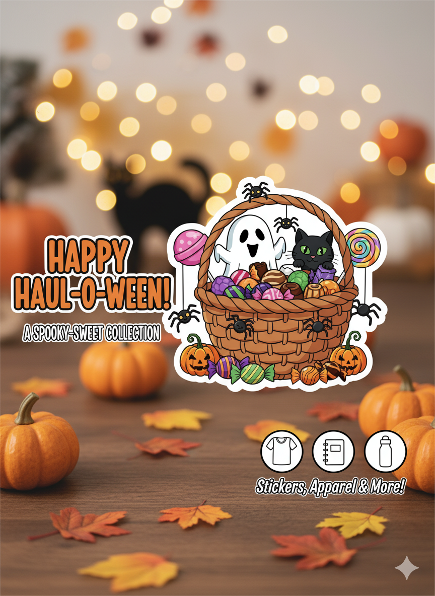 Halloween Treat Basket Sticker – Cute Ghost, Black Cat & Candy – 3x4 in