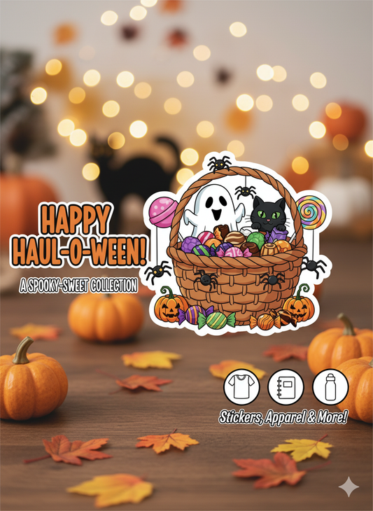 Halloween Treat Basket Sticker – Cute Ghost, Black Cat & Candy – 3x4 in