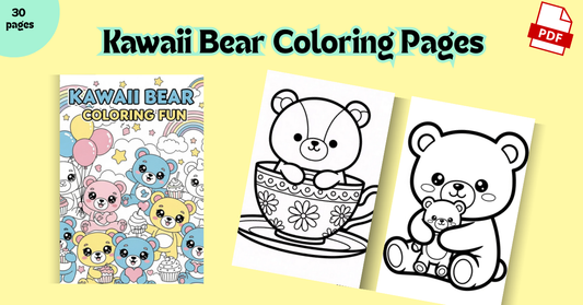 Kawaii Bear Coloring Pages for Kids – 8.5in x 11in PDF Printable (30 Pages + Cover Page)