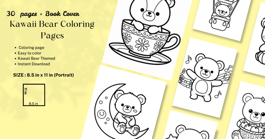 Kawaii Bear Coloring Pages for Kids – 8.5in x 11in PDF Printable (30 Pages + Cover Page)