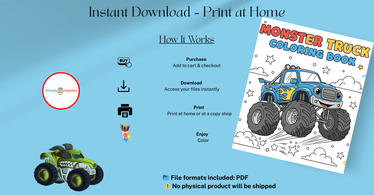 Monster Truck Coloring Book for Kids – Fun Big Wheels Coloring Pages with Bold Outlines (11.25 x 11.25 in, Printable )