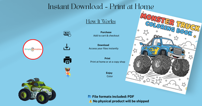 Monster Truck Coloring Book for Kids – Fun Big Wheels Coloring Pages with Bold Outlines (11.25 x 11.25 in, Printable )