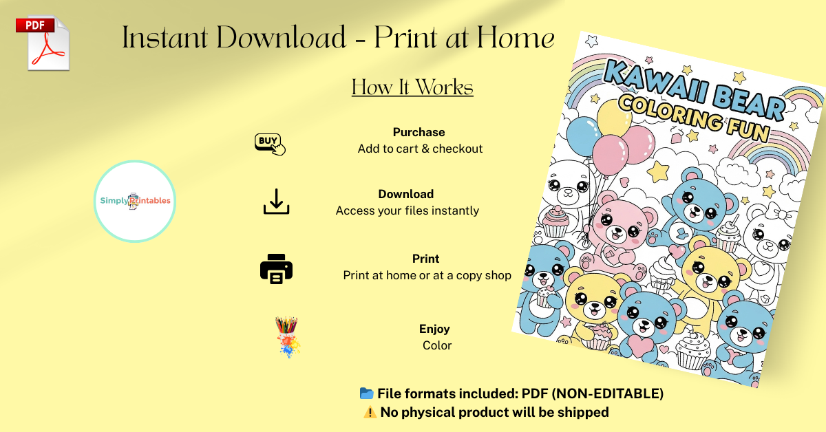 Kawaii Bear Coloring Pages for Kids – 8.5in x 11in PDF Printable (30 Pages + Cover Page)