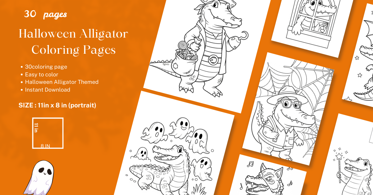 Halloween Alligator Coloring Book for Kids | 30 Fun & Spooky Coloring Pages | Ages 3-8